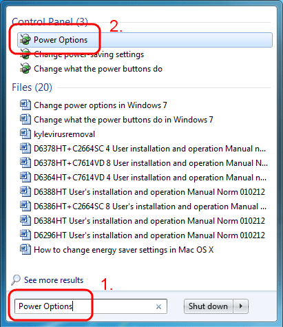 Windows 7 Search Box, Power Options